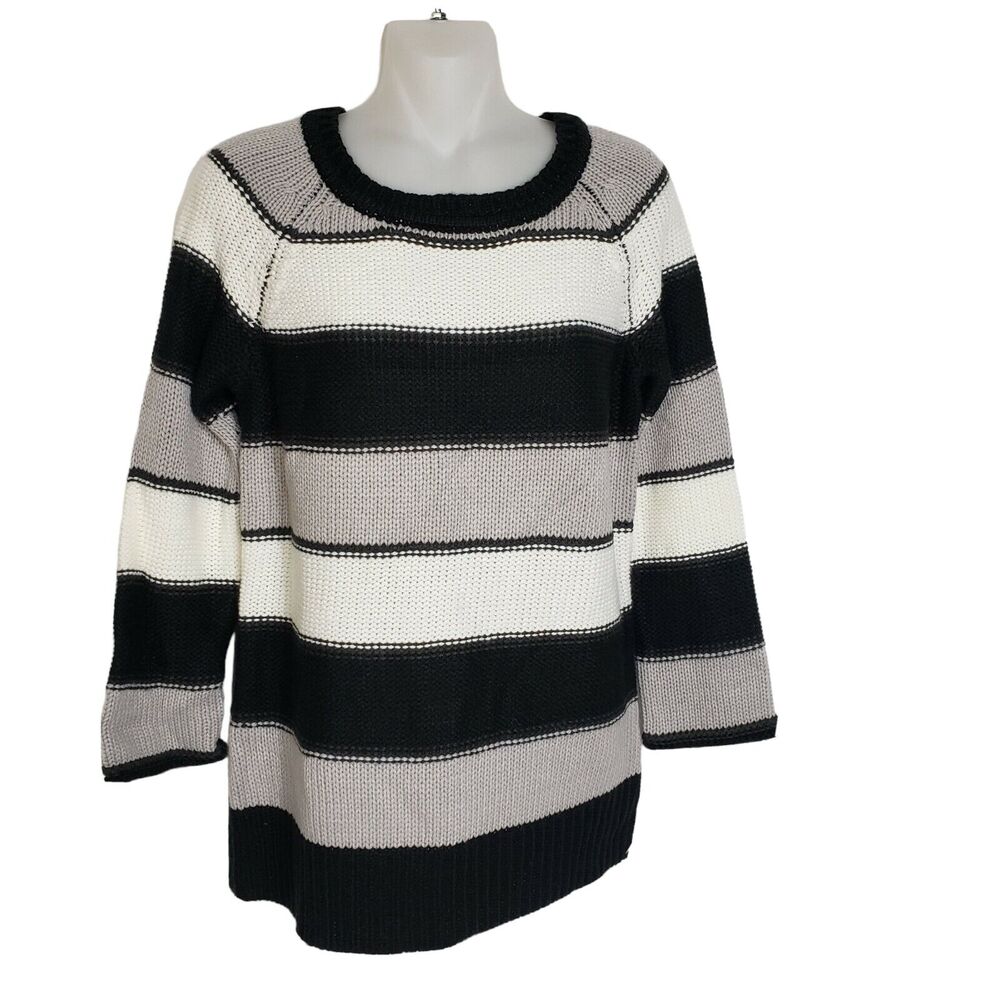 Spense Knits Womens Sweater Small Black Ivory Pullover Striped 3/4 Sleeve Crew